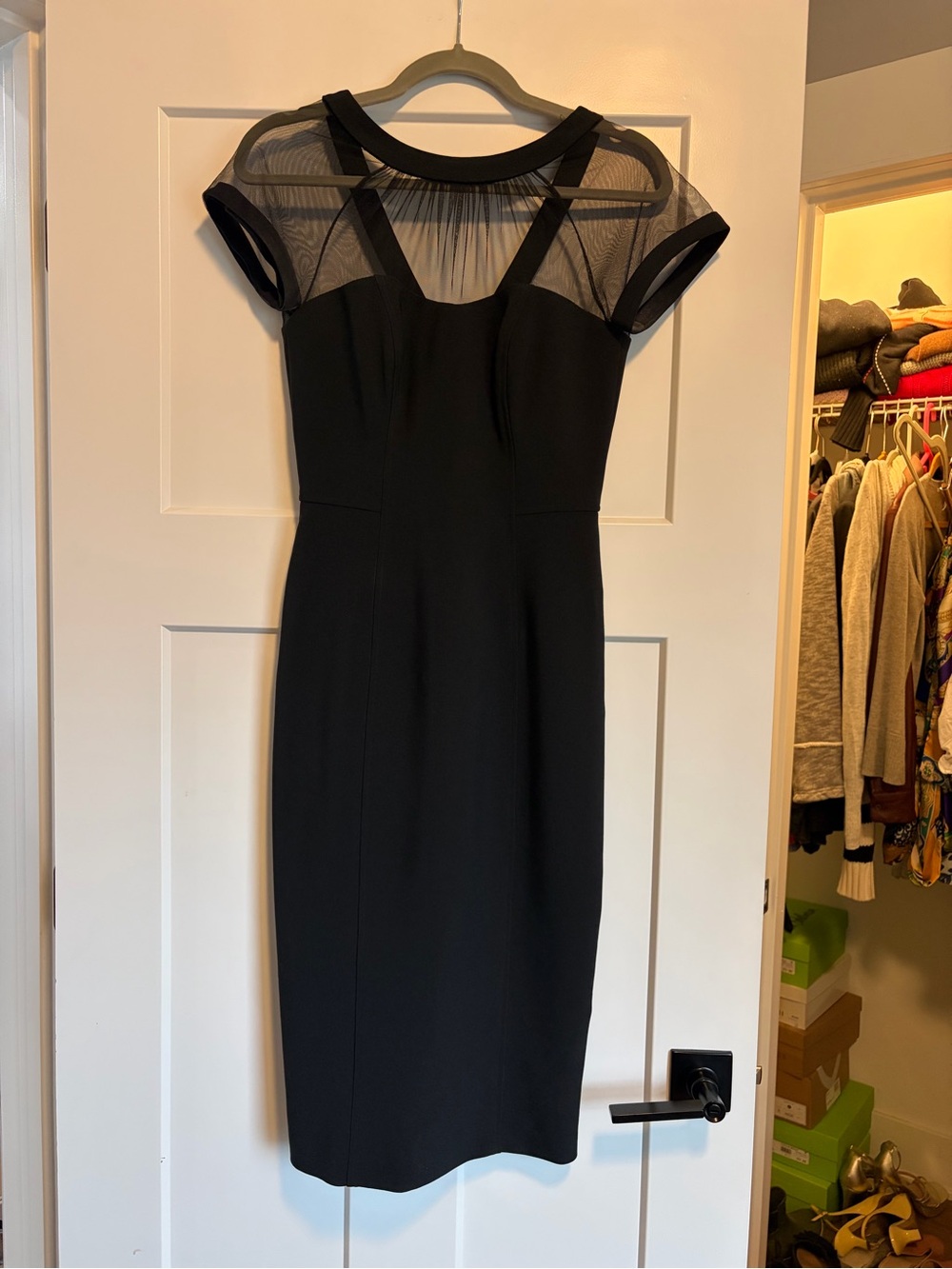 Maggy London Black Sheer Cap-Sleeve Midi Dress